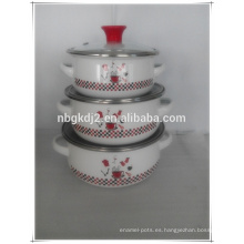 utensilios de cocina de esmalte mini cazuela con perilla roja PP y tapa de vidrio y dos calcomanías laterales